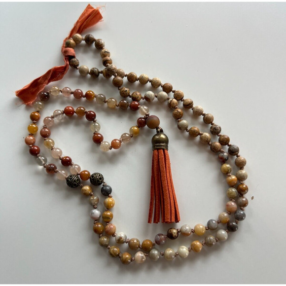 Mala Necklace 108 knot prayer bead necklace Japser Agate and Quartz Orange - Picture 1 of 9